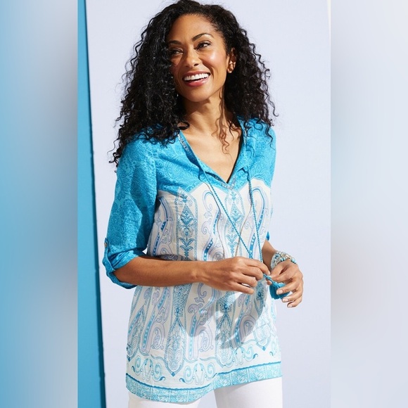 Chicos Faraway Land Embellished Blue Tunic XL 16 #1626 - Picture 1 of 11
